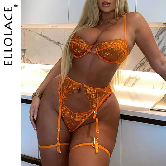 3Pcs Ellolace Orange Lace Embroidery Lingerie Set