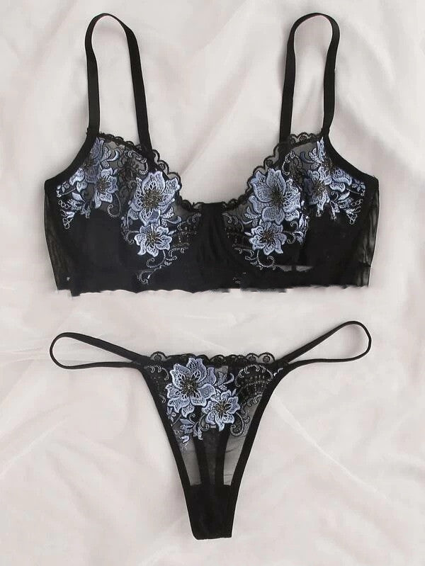 Mrs. Temptation Embroidered Lace Lingerie Set