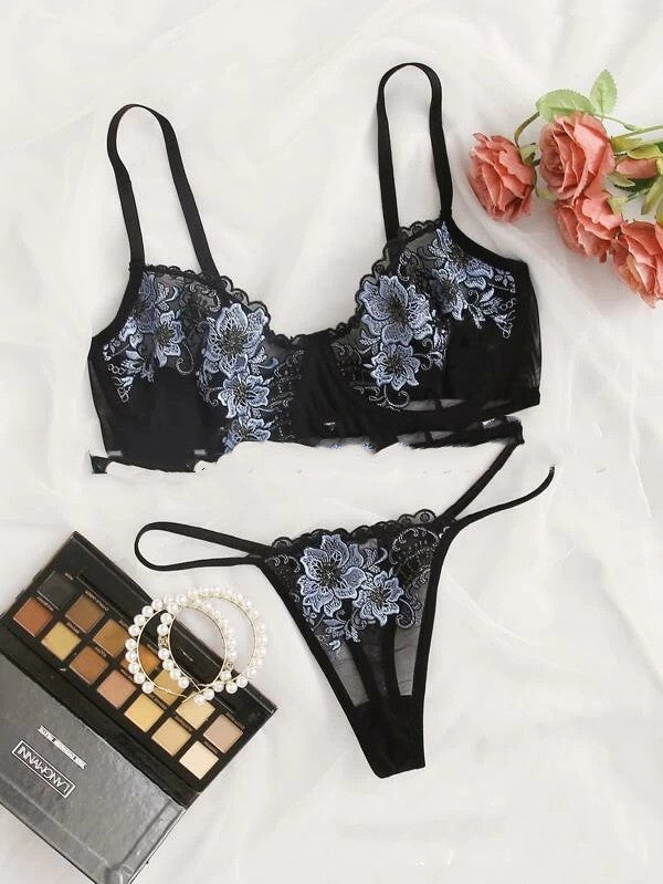 Mrs. Temptation Embroidered Lace Lingerie Set