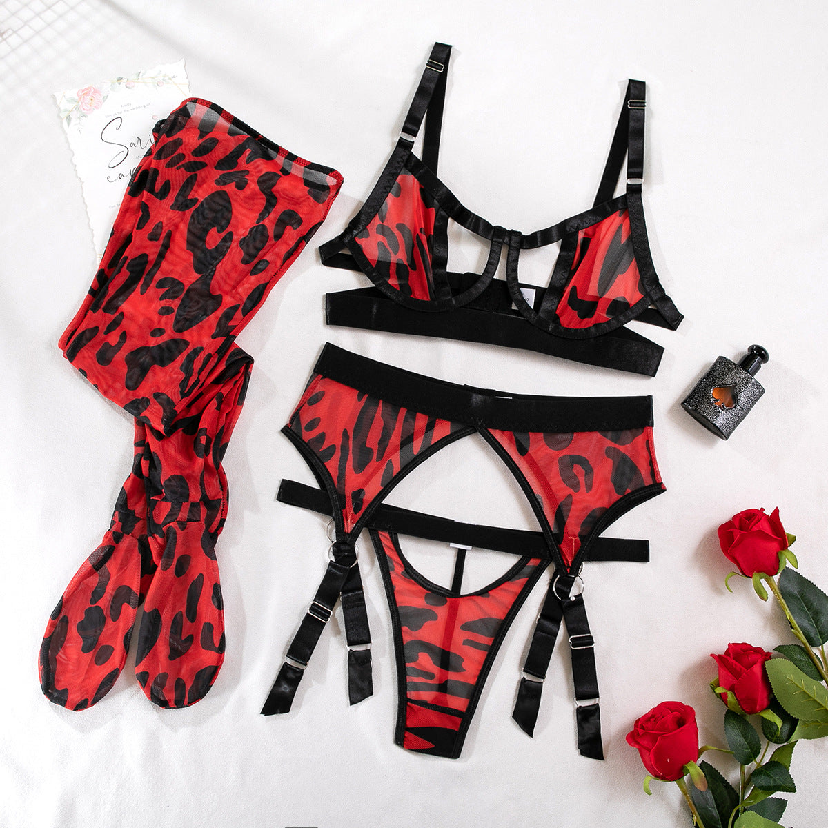 Wild Leopard Print Hollow Lingerie w/ Stockings Set