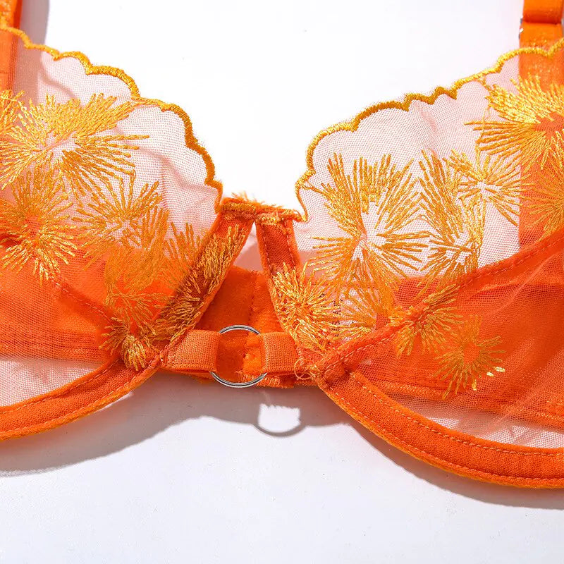 3Pcs Ellolace Orange Lace Embroidery Lingerie Set