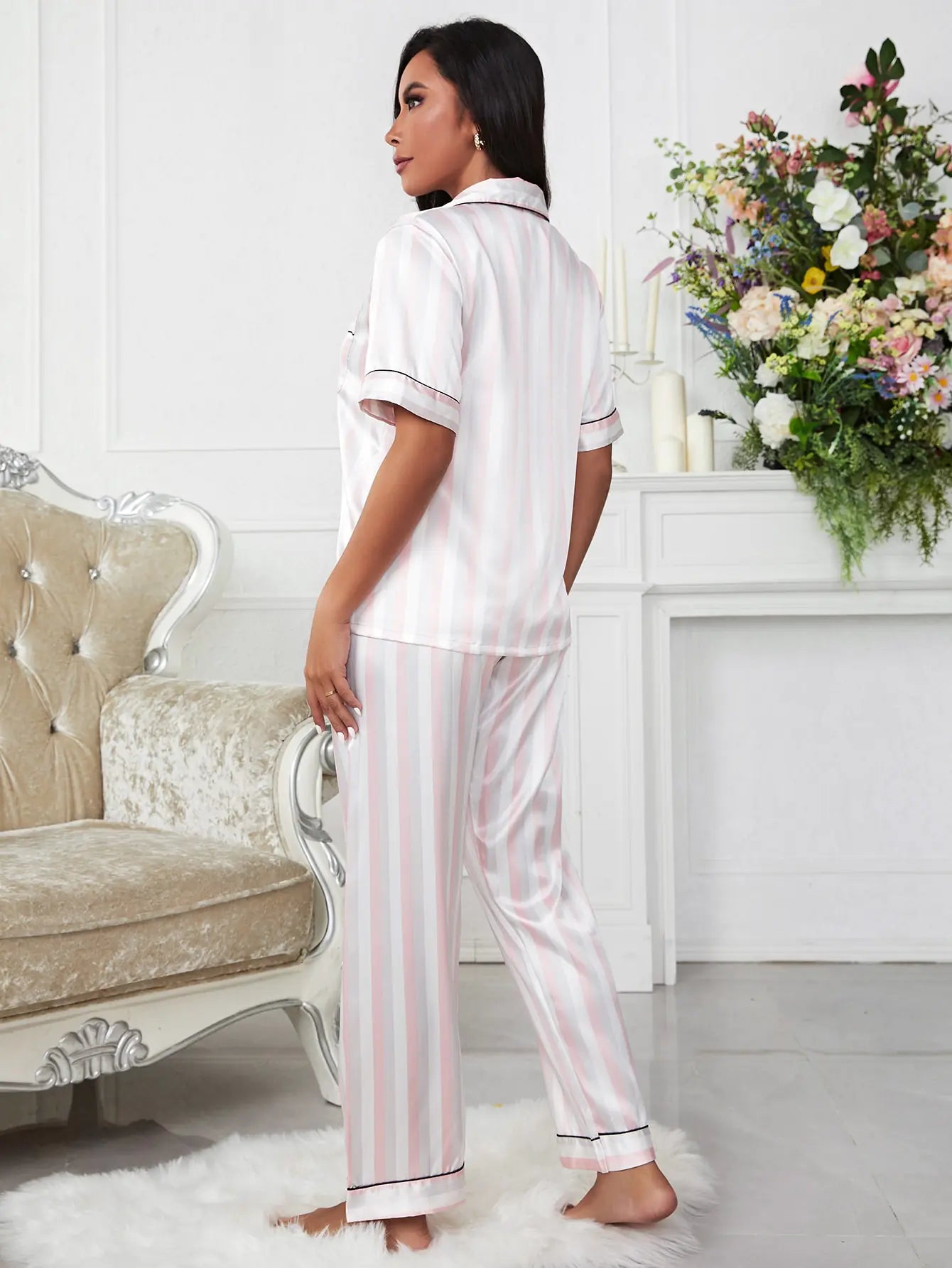 Women's 2Pcs Sleepwear Silk Satin Pajama Set