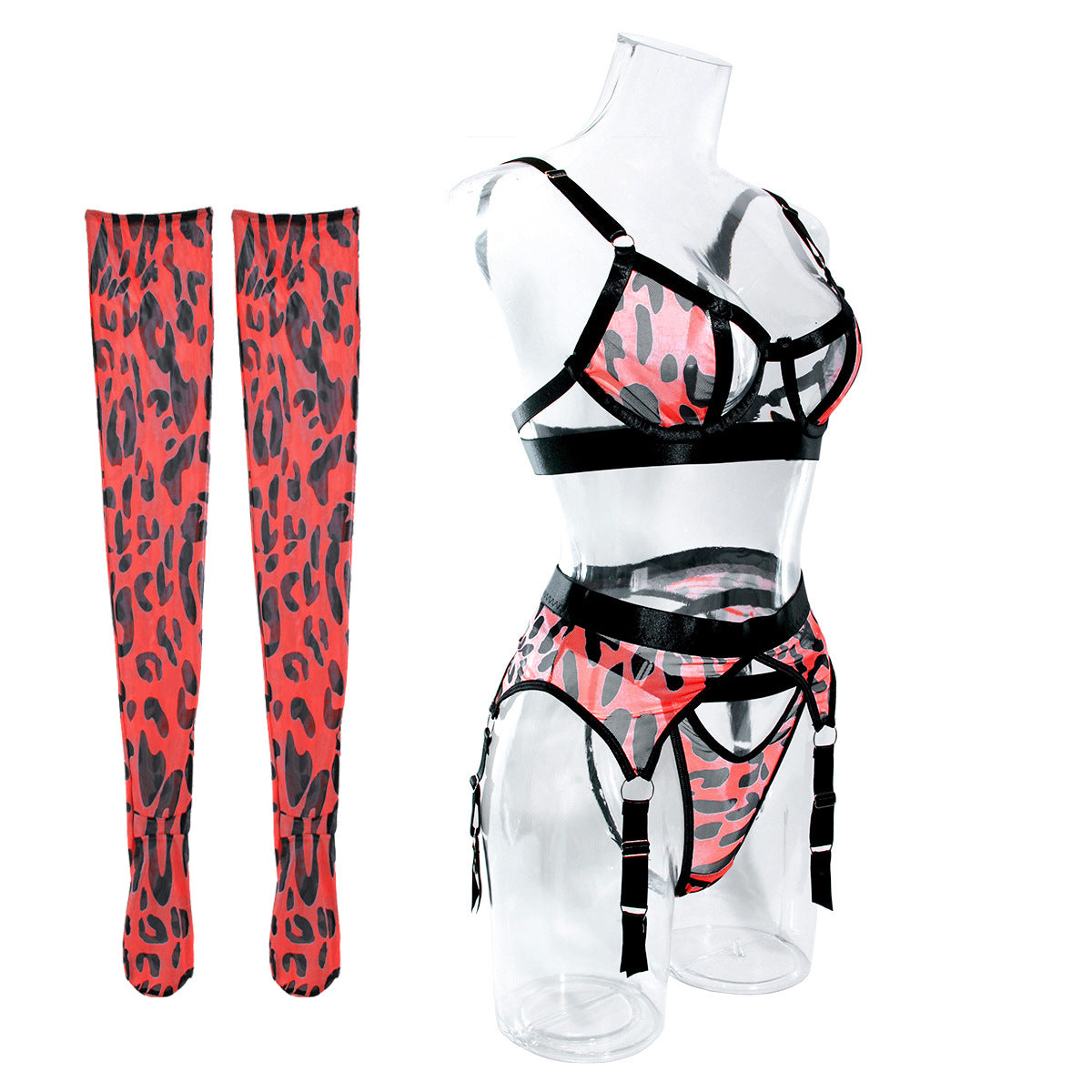 Wild Leopard Print Hollow Lingerie w/ Stockings Set