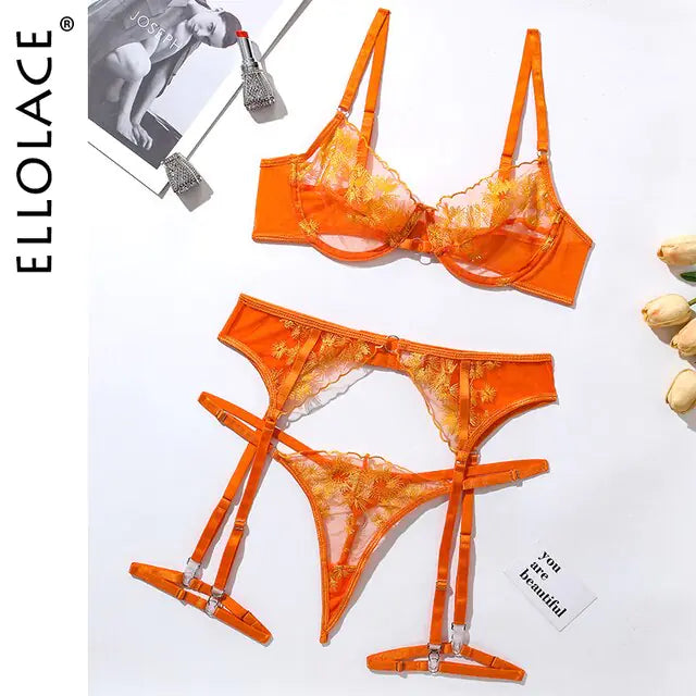 3Pcs Ellolace Orange Lace Embroidery Lingerie Set