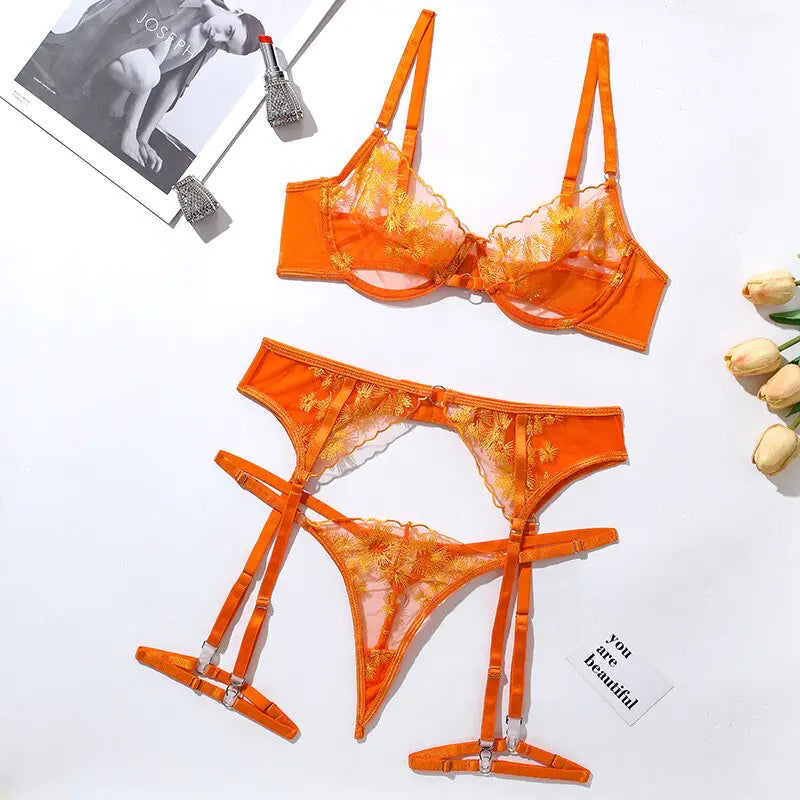 3Pcs Ellolace Orange Lace Embroidery Lingerie Set