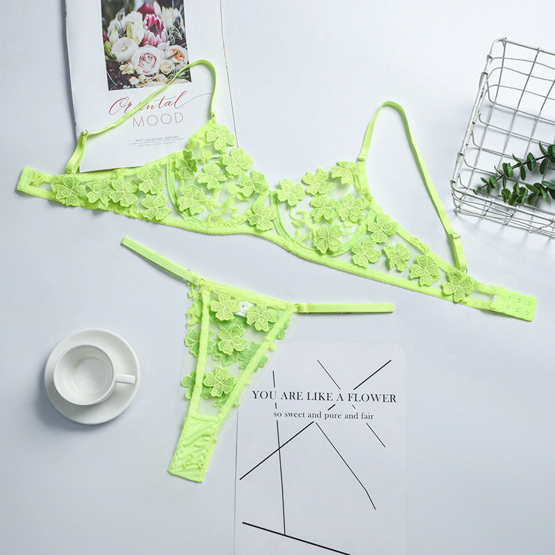 Romantic Flower Embroidery Thongs and Bra Set