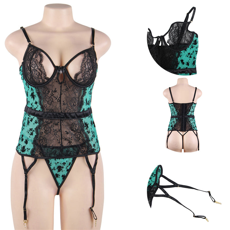 Teal/Black Open Chest Lace Lingerie Set