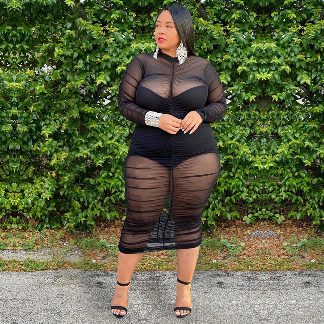 Plus Size 1pcs Long Sleeve See Through Dress