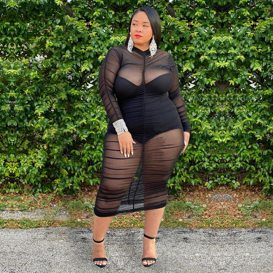 Plus Size 1pcs Long Sleeve See Through Dress