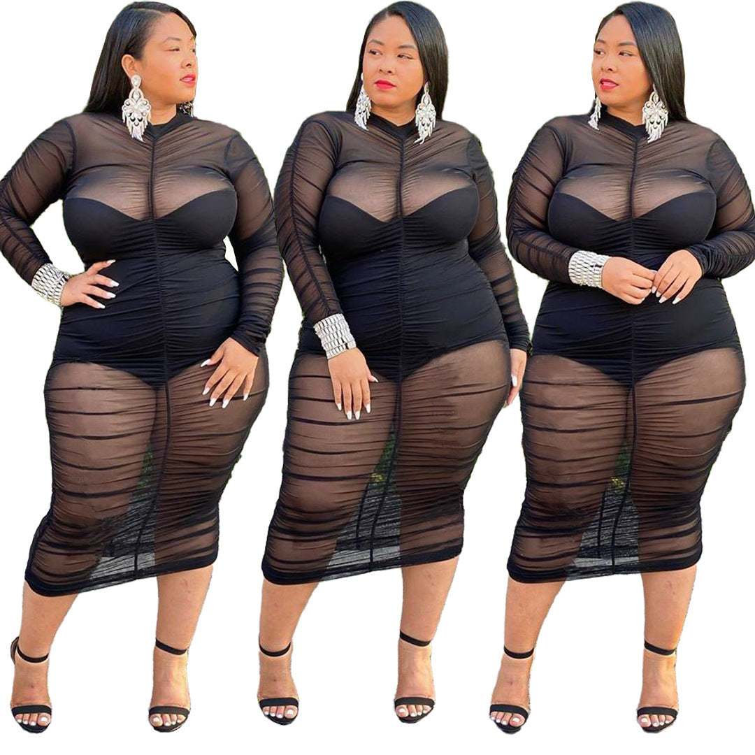 Plus Size 1pcs Long Sleeve See Through Dress