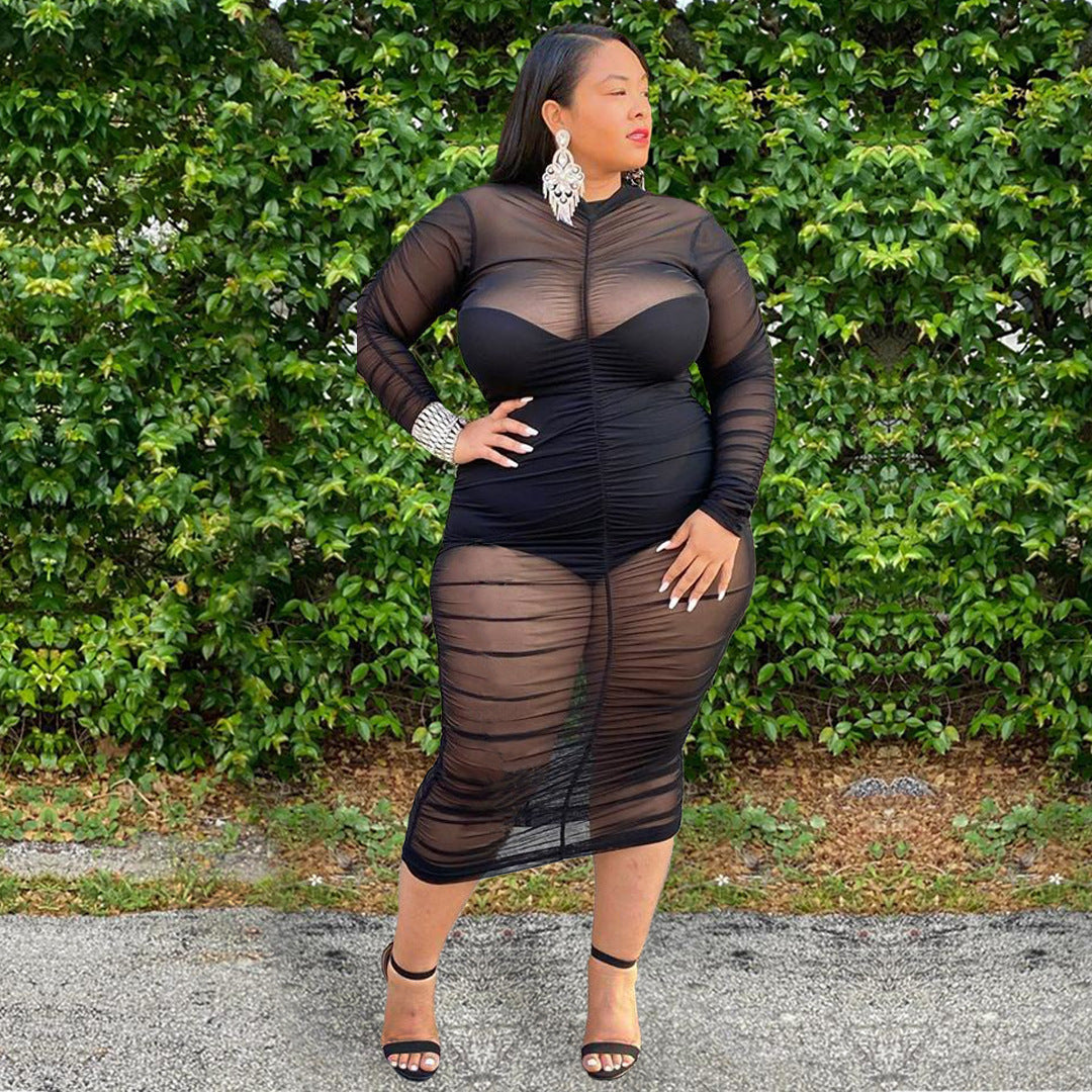 Plus Size 1pcs Long Sleeve See Through Dress