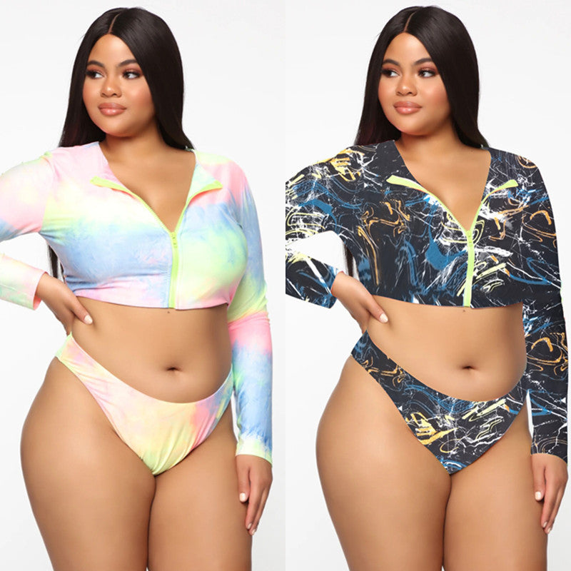 Plus Size Bikini Long Sleeve Zipper Swimsuit