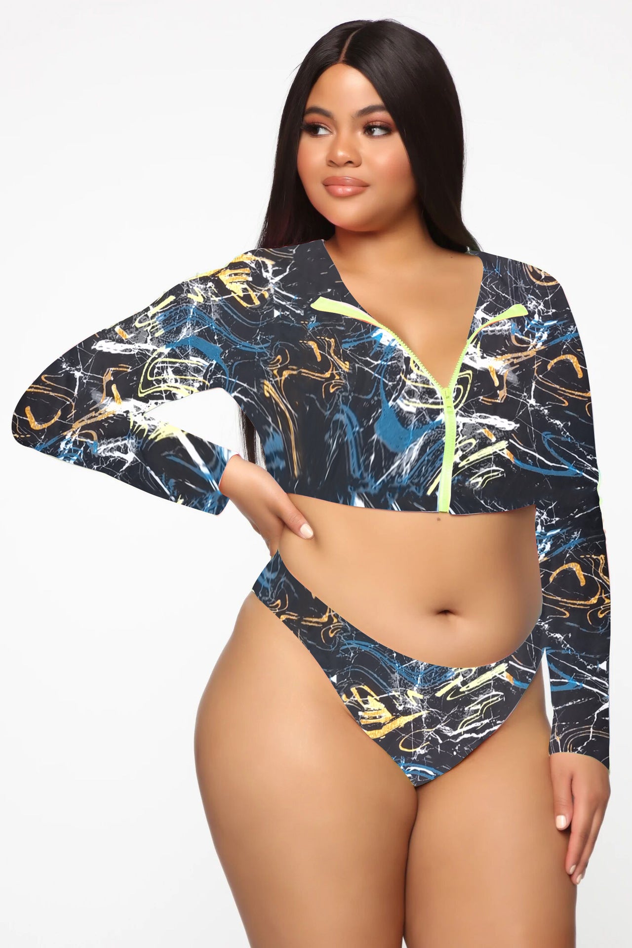 Plus Size Bikini Long Sleeve Zipper Swimsuit