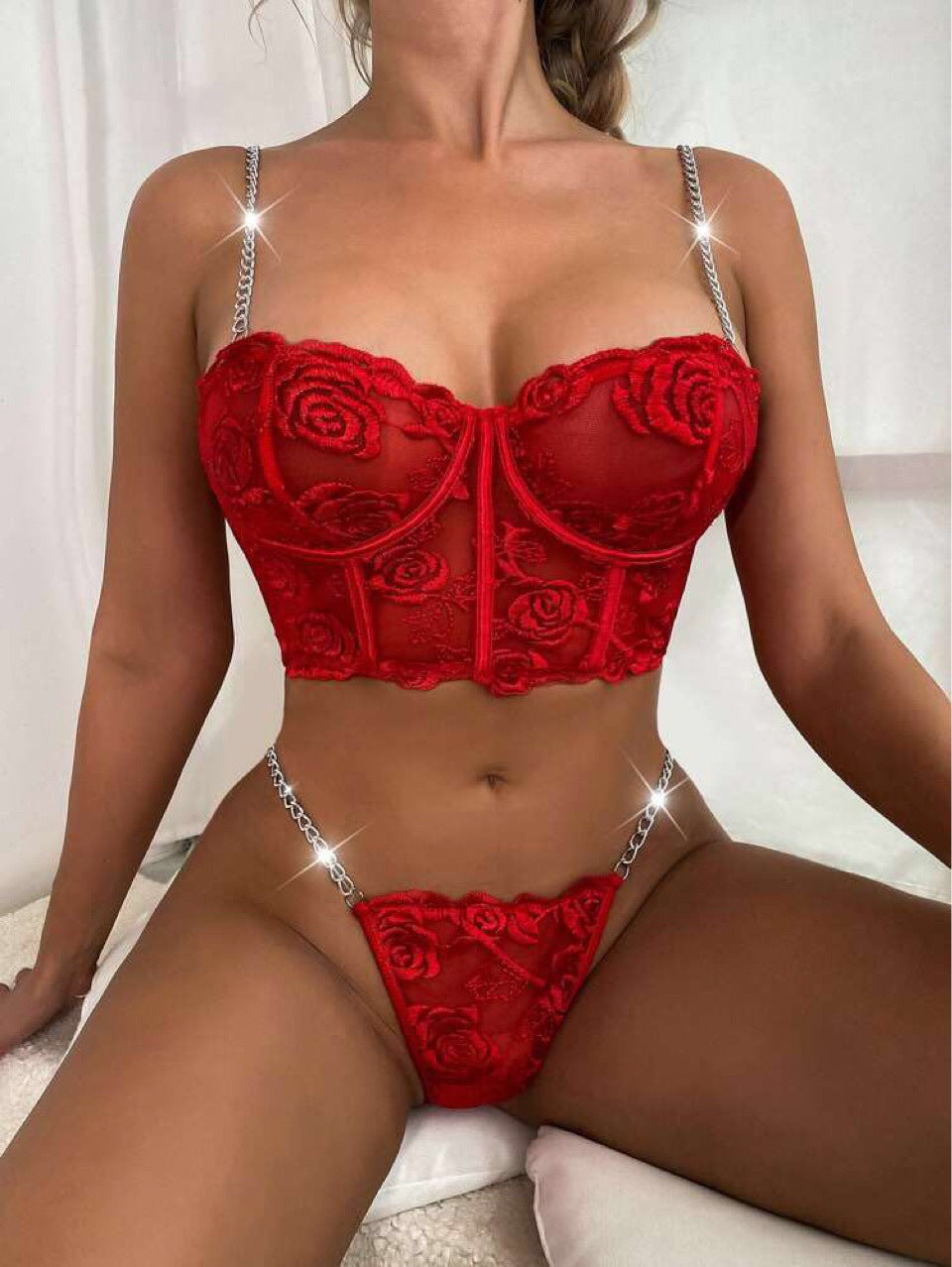 2Pcs Red Rose Lingerie Set