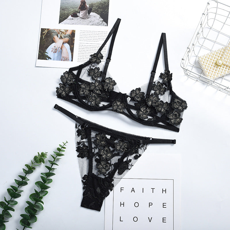 Romantic Flower Embroidery Thongs and Bra Set