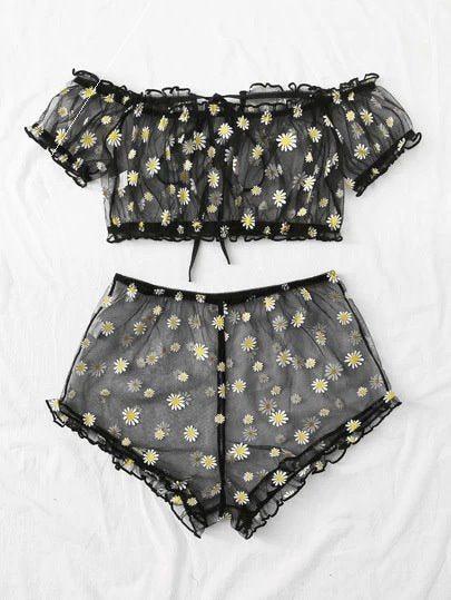 Women's Mesh Sunflower Design Lingerie Set