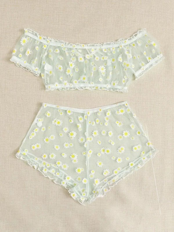 Women's Mesh Sunflower Design Lingerie Set