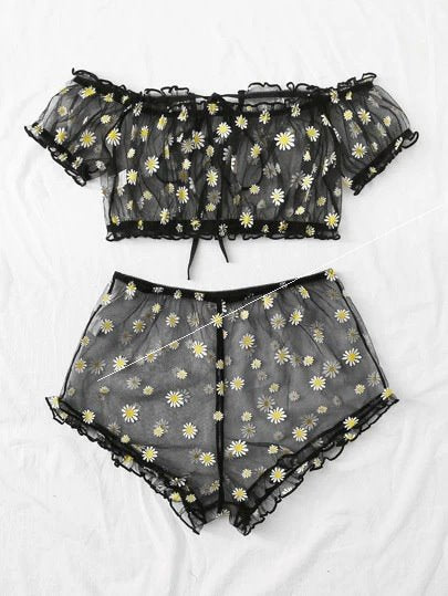 Women's Mesh Sunflower Design Lingerie Set