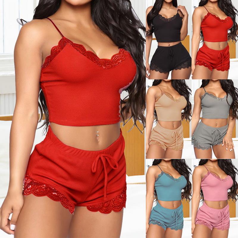 Women's 2pcs Trimmed Lace Lingerie Shorts Set