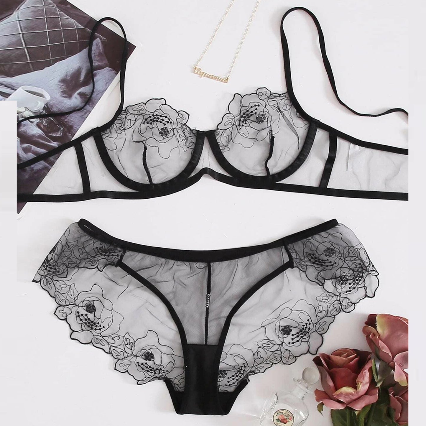 Women's Embroidered Sheer Lingerie Set