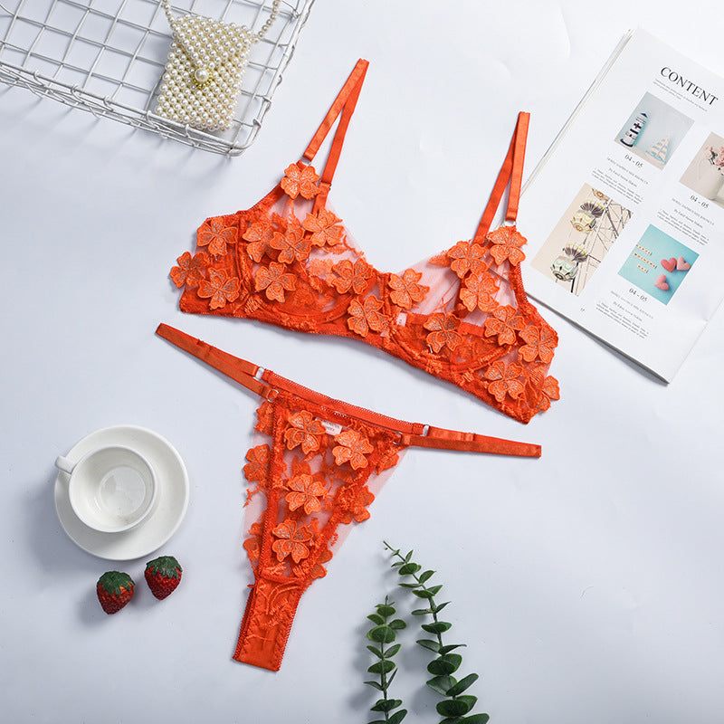 Romantic Flower Embroidery Thongs and Bra Set