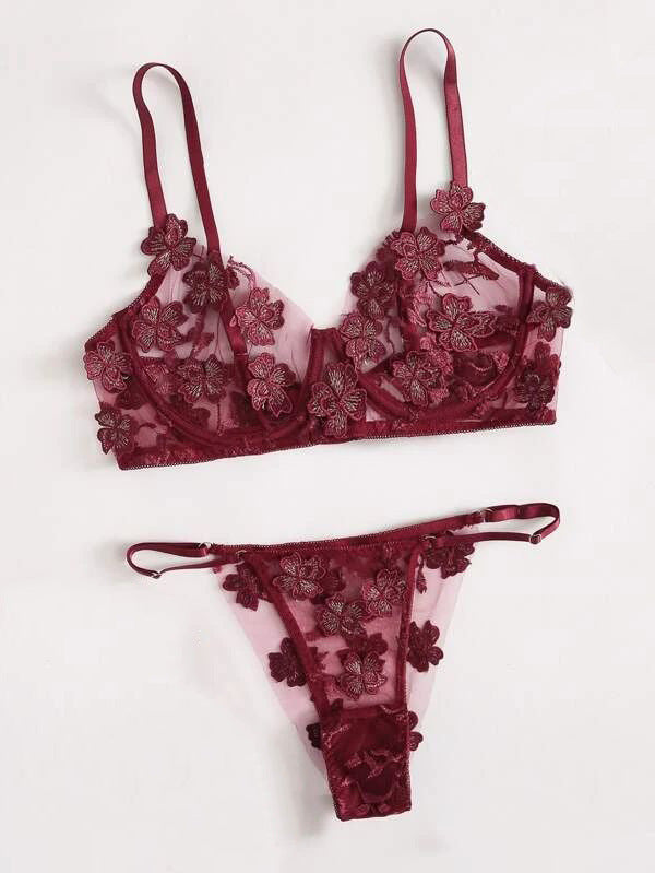 Romantic Flower Embroidery Thongs and Bra Set