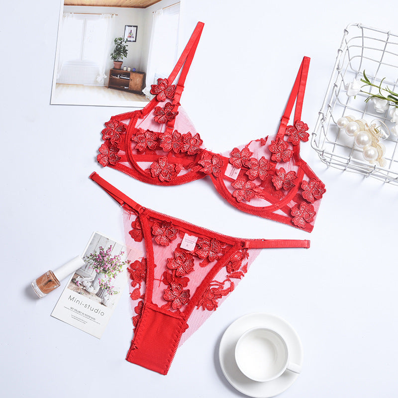 Romantic Flower Embroidery Thongs and Bra Set