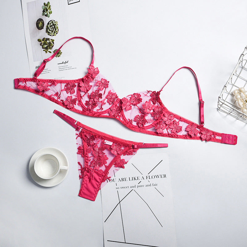 Romantic Flower Embroidery Thongs and Bra Set